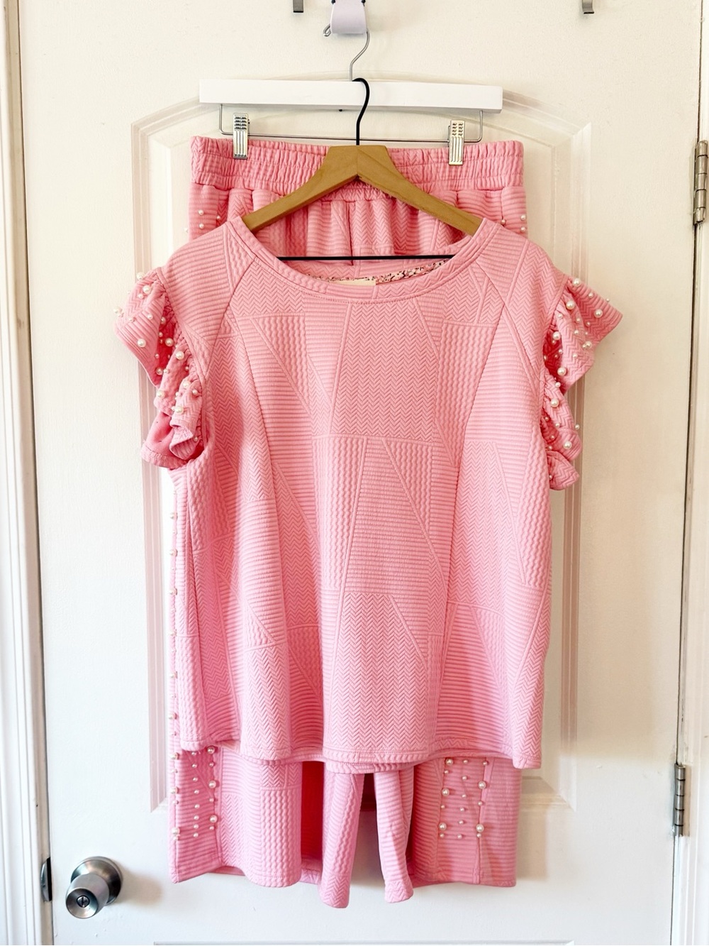 New Umgee Pink Knit Jacquard Pearl Detail Wide Leg Pant Set Sz Large